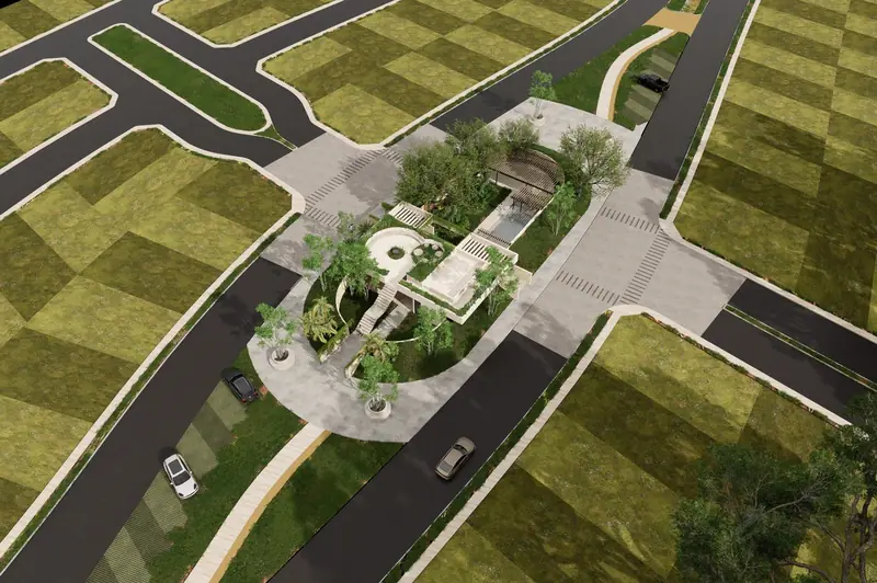 Vista aérea del acceso y las calles del desarrollo